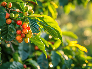 Sunlit Coffee Cherries on Branch