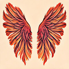 illustration of a heart shaped pair of detailed bird or angel wings with fluffy lush red and orange feathers