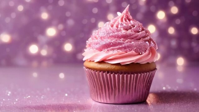 Cupcake with pink cream icing and sparkle on a glitter background, motion