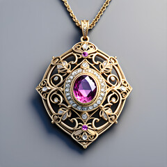 beautiful expensive luxurious intricate gold pendant with purple amethyst gemstone and diamonds and filigree on a golden chain studio photography necklace jewelry