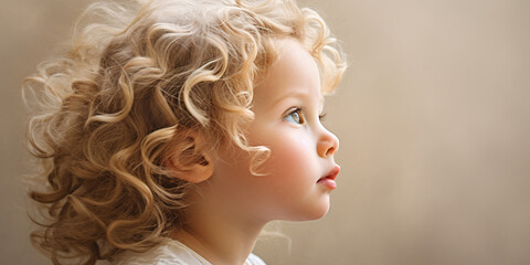 Fototapeta premium Banner Profile view of a child with curly blonde hair and dreamy expression, soft beige background. AI Generative