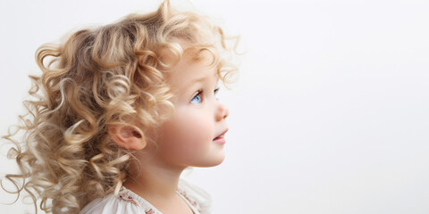 Naklejka premium Banner Curly-haired child in profile, looking up with a hopeful expression, against a white background. AI Generative
