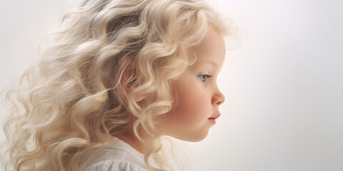 Fototapeta premium Banner Serene child with flowing curly hair in profile, soft light, gentle expression, white backdrop. AI Generative