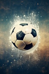 Vintage, retro poster style image of a soccer ball in a net, with grainy textures and muted colors for a classic look