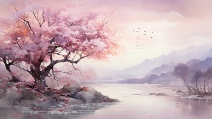 Romantic twilight scene painted in watercolors, featuring a delicate tree in bloom under a soft, fading sunlight