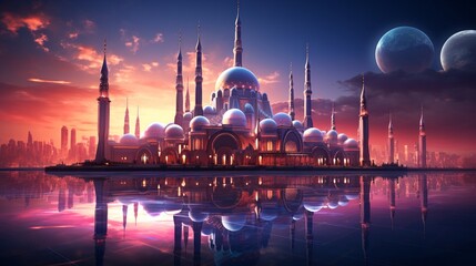 Obraz premium Majestic mosque with towering spires and reflective surfaces amidst a futuristic cityscape