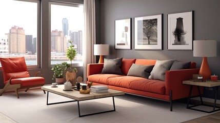 Exquisite interior of modern living room with elegant color palette 
