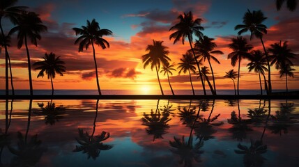 tropical sunset with silhouette palm trees against a fiery sky, reflecting on calm waters