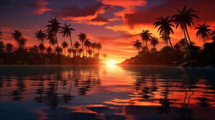 Fototapeta na wymiar tropical sunset with silhouette palm trees against a fiery sky, reflecting on calm waters