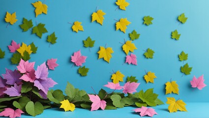 A set of vibrantly colored leaves on a tabletop, a blue backdrop setting the scene, with a pink and green leaf, aesthetically rendered in 3D.