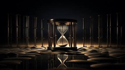 The sands of time dropping in an hourglass beside ascending piles of coins against a dark theme - obrazy, fototapety, plakaty