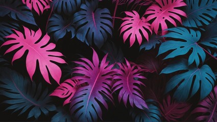 Fototapeta na wymiar Brightly lit tropical leaves in neon cyan and pink, set on a dark backdrop, 3D rendered for a visually striking aesthetic