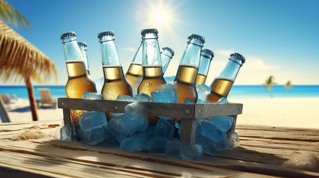 frosty beer bottles in a metal bucket, set against a sunny beach backdrop with a clear blue sky