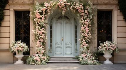 An elegant entrance to a wedding with a calligraphy welcome sign adorned with pastel roses and ivy