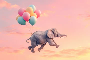 Foto op Aluminium An elephant is lifted up by balloons against a pink sky © Kien