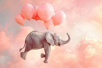 An elephant is lifted up by balloons against a pink sky