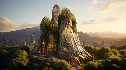 an eco-friendly futuristic building with a living green facade at sunrise in a utopian city - obrazy, fototapety, plakaty