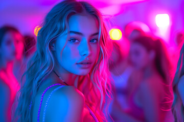 At the College House Party: Group of Friends Have Fun, Dancing and Socializing. Neon  Lights Illuminating Room