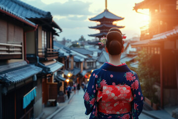 Asian woman wearing japanese traditional kimono at Yasaka Pagoda and Sannen Zaka Street in Kyoto, Japan - obrazy, fototapety, plakaty