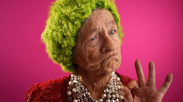 Slow motion funny view of mature elderly woman, 80s, having giving OKAY gesture, wearing green wig or hat isolated on pink background.