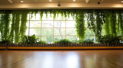 Tranquil yoga studio with bamboo floors, a wall of cascading plants, and soft natural lighting