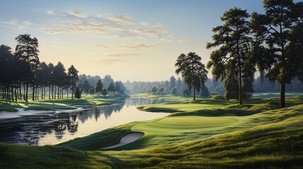 An oil painting of an early morning golf scene with a dew-covered course and a soft, misty background