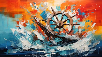 An abstract art piece with a fragmented ship's wheel set against a background of turbulent sea waves
