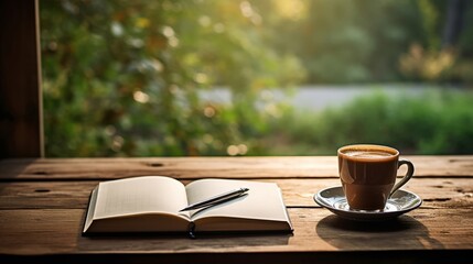 An artistic, soft-focus photo composition with a notebook and coffee on a rustic wood table, bathed in morning light - Powered by Adobe