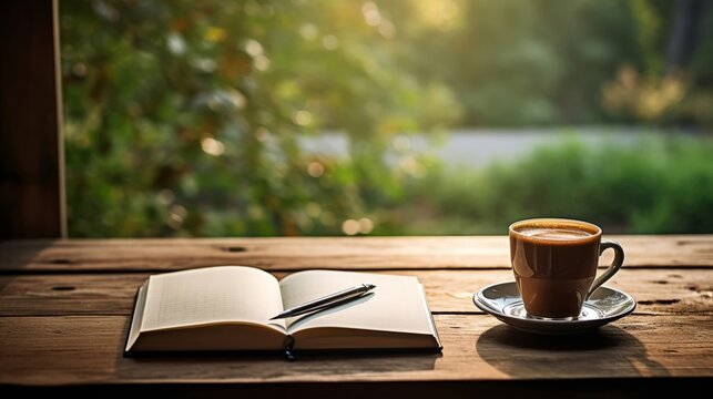 An artistic, soft-focus photo composition with a notebook and coffee on a rustic wood table, bathed in morning light