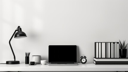 High-contrast, monochrome graphic image of a modern office desk with a clean, minimalist aesthetic