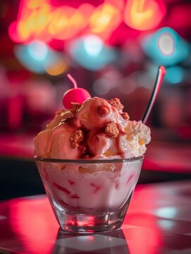 A fancy ice cream sundae in a 1950s diner. Ice cream served in a 1950s diner with vintage neon signs. Nostalgic diner from a bygone era.