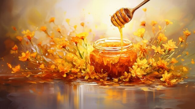Sun-soaked, impressionist painting of honey dripping from a dipper, surrounded by wildflowers