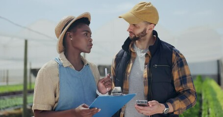 Talking, teamwork or farmers with checklist for agriculture on farm for sustainability or production. Diversity, clipboard or people speaking in countryside for update on farming growth or progress