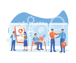 Office worker connections puzzle elements. Two men shake hands after finishing discussions on working together in partnership. Team communication. flat vector modern illustration 