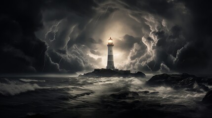 Digital art piece featuring a monochrome lighthouse during a thunderstorm, with a stark contrast of light and shadows - obrazy, fototapety, plakaty