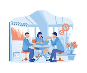 A smiling businesswoman is sitting with her colleagues at the office desk. A team of people is sitting at desks with laptops. flat vector modern illustration