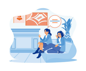 Smiling female friends gossiping while sitting on the sofa at home. Happy women spending time together having a friendly conversation. Smiling woman friends drinking tea at home. flat vector modern il