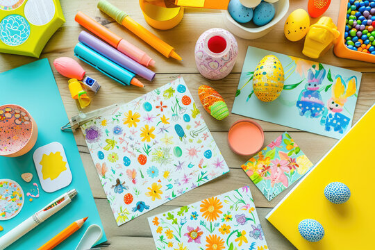 Vibrant Easter egg decorating session with an assortment of painted eggs, markers, and craft materials spread out on a bright table.
