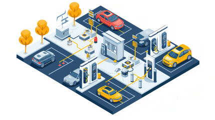 Obraz premium An isometric illustration of an electric vehicle charging station with multiple cars charging, showcasing modern sustainable transportation infrastructure. 