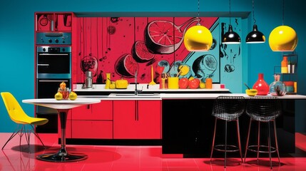 Pop art collage of a kitchen scene, bursting with bright, contrasting colors and exaggerated shapes