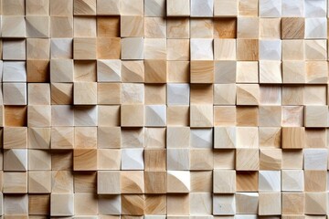 Arrangement of natural stone mosaic tiles forming a square block wall with a polished, 3D, semigloss finish. Generative AI