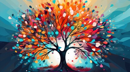 Stylized graphic design of a blooming tree with exaggerated colors and sunbeams radiating through the branches