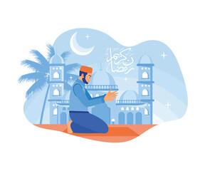 A man wearing a peci is praying on a prayer mat. Mosque background with the words Ramadan Kareem. Ramadan Kareem concept. Flat vector modern illustration.