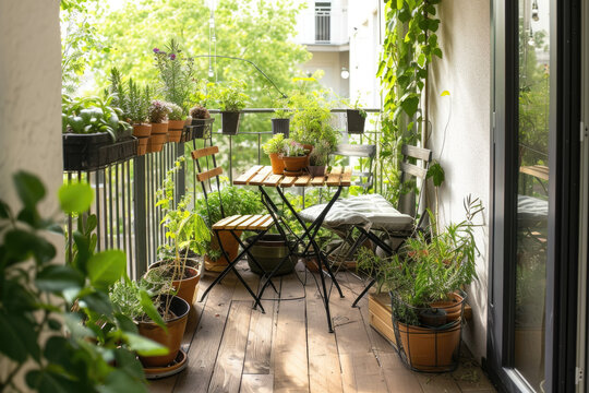 Minimalist balcony with a small table, chairs and many plants