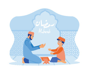 Father and son are in the mosque. Read the Koran and pray together. Ramadan Kareem and Ramadan Mubarak greeting design concept. flat vector modern illustration 