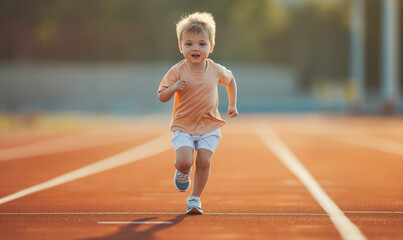 Obraz premium Little boy running during exercise class at stadium