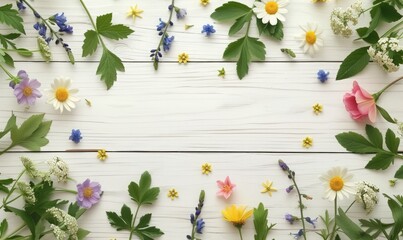 spring flowers and leaves. with white wooden plank background