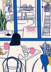 A simple illustration eating at a restaurant.