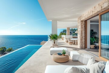 Luxury apartment terrace Santorini Interior of modern living room sofa or couch with beautiful sea view.