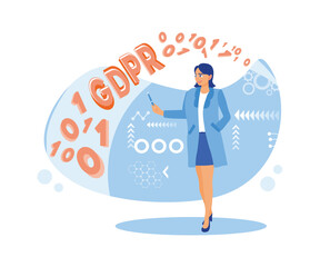 Young woman working with information. The General Data Protection Regulation or GDPR Concept. flat vector modern illustration 